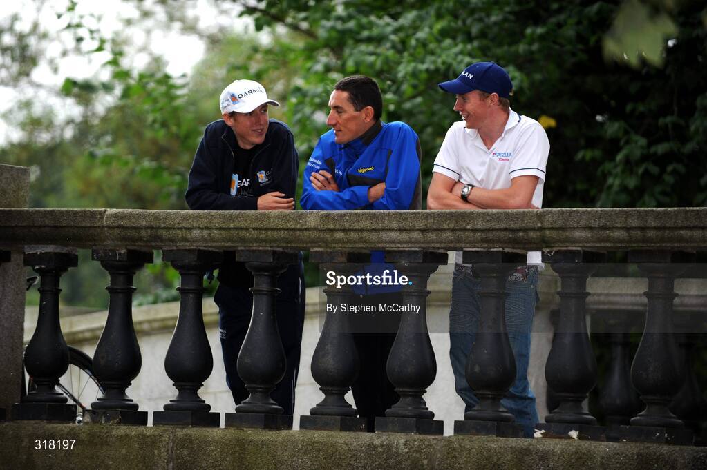 26 August 2008; Riders, from left, Irish National Champion Dan Martin, Marco Pinotti, Team Columbia, and David O'Loughlin, Pezula, at a photocall ahead of tomorrow's start of the Tour of Ireland. Tour of Ireland Press Conference, Crowne Plaza Hotel, Dublin. Picture credit: Stephen McCarthy / SPORTSFILE