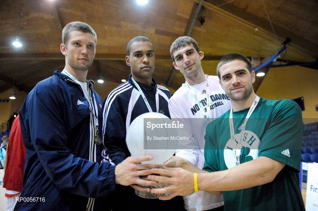 23 August 2008; Notre Dame captains, from left, Zach Hillesland, Ryan Ayers, Luke Zeller and Kyle McAlarney after their side won the Emerald Hoops competition. Emerald Hoops Day 3, Ireland v Poland, National Basketball Arena, Tallaght, Co. Dublin. Picture credit: Stephen McCarthy / SPORTSFILE