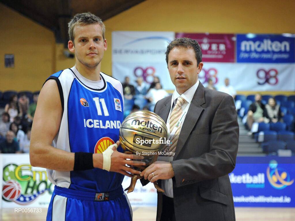 22 August 2008; Karl Donnelly, Marketing Director Basketball Ireland, presents Sigurour Porvaldsson, Iceland, with the MVP award. Emerald Hoops Day 2, Ireland v Iceland, National Basketball Arena, Tallaght, Dublin. Picture credit: Stephen McCarthy / SPORTSFILE