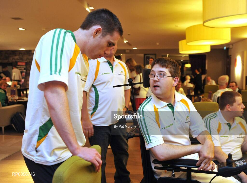 23 August 2008; Padraic Moran, Boccia, Bray, Co. Wicklow, right, with Jason Smyth, Eglington, Co. Derry, 100 and 200m, at the farewell reception in the Clarion Hotel, Dublin Airport for the Irish Paralympic team before the 2008 Beijing Paralympic Games. The 45 strong Irish team across nine sports departs for Beijing this morning bound for their pre-Games holding camp in the capital. They will move from the camp to the village on September 1st before the 13th Paralympic Games get underway with the opening ceremony in the famous Bird’s Nest Stadium on September 6th. The Paralympic Games are Olympic style sports events for elite athletes with physical disabilities, or visual impairment. Approximately 4000 athletes, from over 153 countries across twenty sports will compete at the Beijing Games. Clarion Hotel, Dublin Airport. Picture credit: Pat Murphy / SPORTSFILE