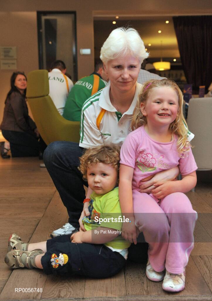 23 August 2008; Catherine Walsh, Cycling, with her children Conor, age 2, left, and Alison, age 5, right, at the farewell reception in the Clarion Hotel, Dublin Airport for the Irish Paralympic team before the 2008 Beijing Paralympic Games. The 45 strong Irish team across nine sports departs for Beijing this morning bound for their pre-Games holding camp in the capital. They will move from the camp to the village on September 1st before the 13th Paralympic Games get underway with the opening ceremony in the famous Bird’s Nest Stadium on September 6th. The Paralympic Games are Olympic style sports events for elite athletes with physical disabilities, or visual impairment. Approximately 4000 athletes, from over 153 countries across twenty sports will compete at the Beijing Games. Clarion Hotel, Dublin Airport. Picture credit: Pat Murphy / SPORTSFILE
