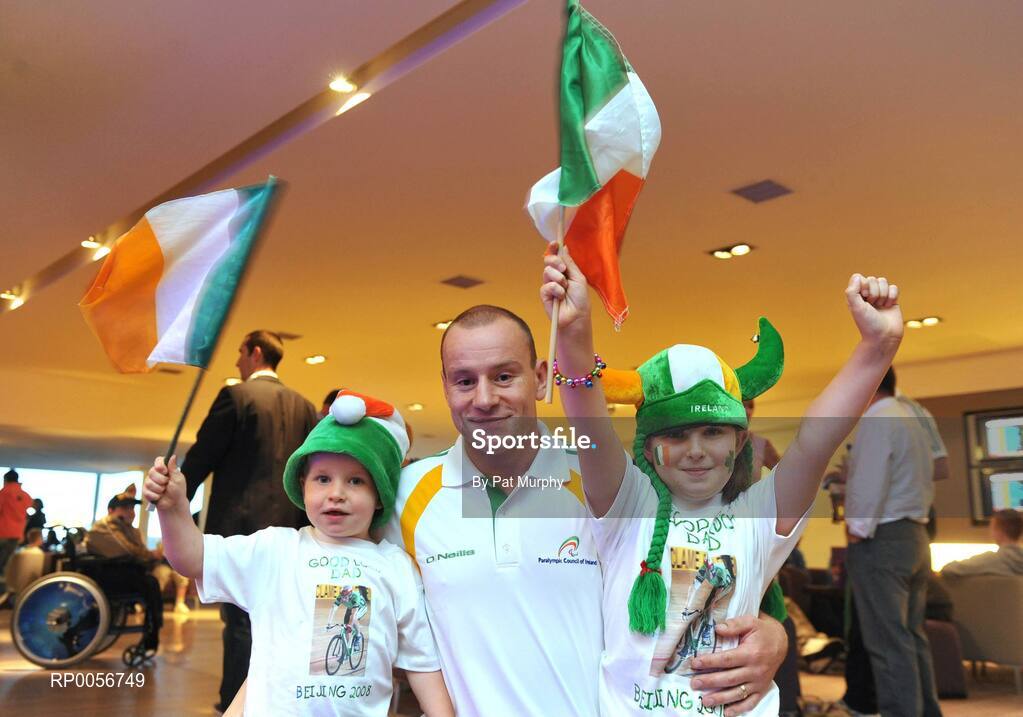 23 August 2008; Cyclist Cathal Miller with his children 3 year old Aaron, left, and five year old Saoirse, right, at the farewell reception in the Clarion Hotel, Dublin Airport for the Irish Paralympic team before the 2008 Beijing Paralympic Games. The 45 strong Irish team across nine sports departs for Beijing this morning bound for their pre-Games holding camp in the capital. They will move from the camp to the village on September 1st before the 13th Paralympic Games get underway with the opening ceremony in the famous Bird’s Nest Stadium on September 6th. The Paralympic Games are Olympic style sports events for elite athletes with physical disabilities, or visual impairment. Approximately 4000 athletes, from over 153 countries across twenty sports will compete at the Beijing Games. Clarion Hotel, Dublin Airport. Picture credit: Pat Murphy / SPORTSFILE