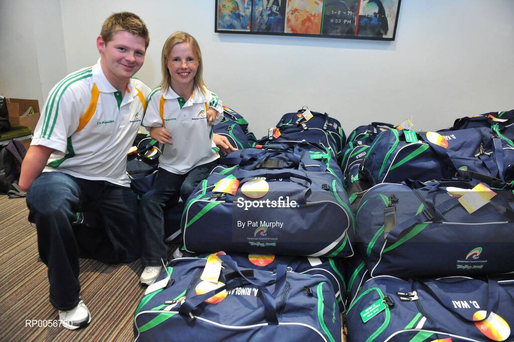 23 August 2008; Johnny Cummings, Co. Tyrone, swimming, and Catherine Wayland, Co. Wexford, Athletics, check their baggage at the farewell reception in the Clarion Hotel, Dublin Airport for the Irish Paralympic team before the 2008 Beijing Paralympic Games. The 45 strong Irish team across nine sports departs for Beijing this morning bound for their pre-Games holding camp in the capital. They will move from the camp to the village on September 1st before the 13th Paralympic Games get underway with the opening ceremony in the famous Bird’s Nest Stadium on September 6th. The Paralympic Games are Olympic style sports events for elite athletes with physical disabilities, or visual impairment. Approximately 4000 athletes, from over 153 countries across twenty sports will compete at the Beijing Games. Clarion Hotel, Dublin Airport. Picture credit: Pat Murphy / SPORTSFILE