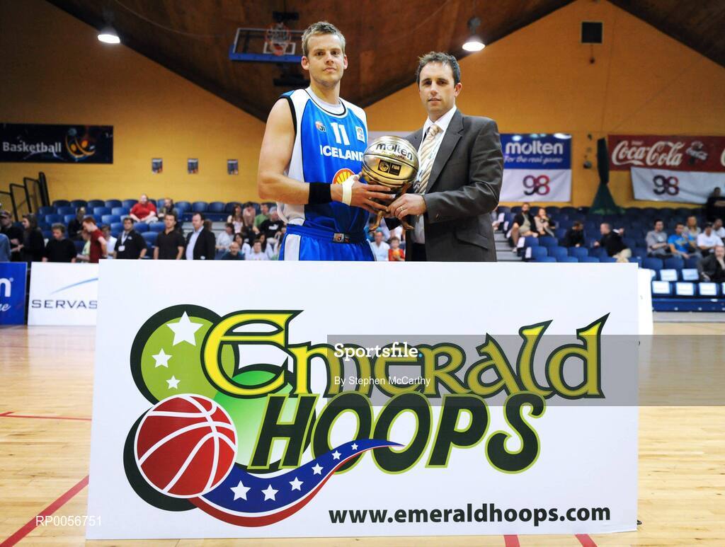 22 August 2008; Karl Donnelly, Marketing Director Basketball Ireland, presents Sigurour Porvaldsson, Iceland, the the MVP award. Emerald Hoops Day 2, Ireland v Iceland, National Basketball Arena, Tallaght, Dublin. Picture credit: Stephen McCarthy / SPORTSFILE