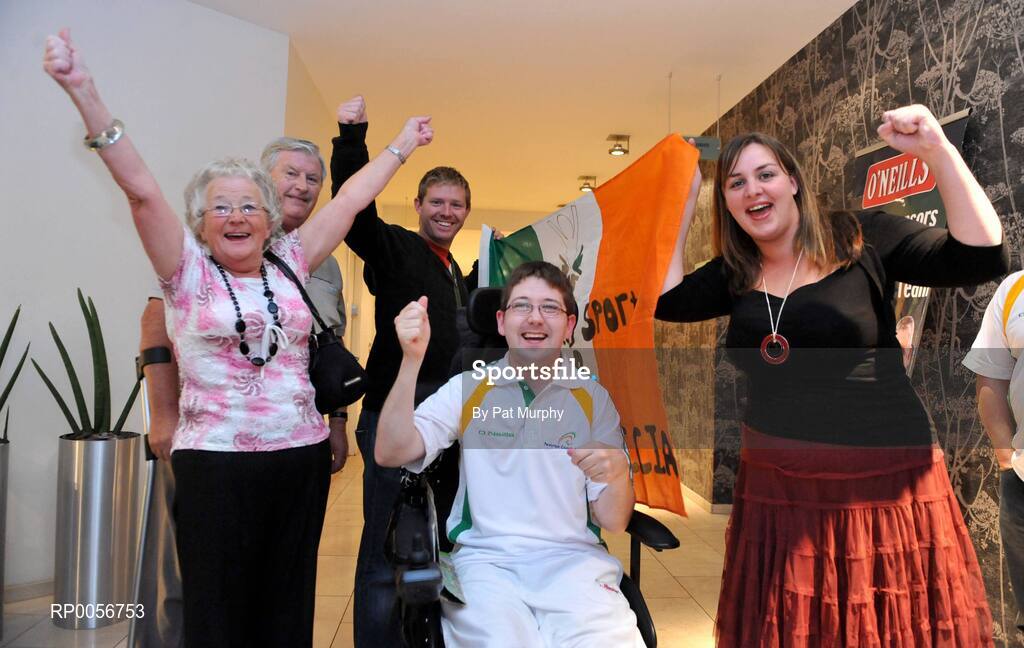 23 August 2008; Padraic Moran, Boccia, from Bray Co. Wicklow, with his family, from left, Catherine, mother, Pat, father, Eamonn, brother, and Sinead, sister, at the farewell reception in the Clarion Hotel, Dublin Airport for the Irish Paralympic team before the 2008 Beijing Paralympic Games. The 45 strong Irish team across nine sports departs for Beijing this morning bound for their pre-Games holding camp in the capital. They will move from the camp to the village on September 1st before the 13th Paralympic Games get underway with the opening ceremony in the famous Bird’s Nest Stadium on September 6th. The Paralympic Games are Olympic style sports events for elite athletes with physical disabilities, or visual impairment. Approximately 4000 athletes, from over 153 countries across twenty sports will compete at the Beijing Games. Clarion Hotel, Dublin Airport. Picture credit: Pat Murphy / SPORTSFILE