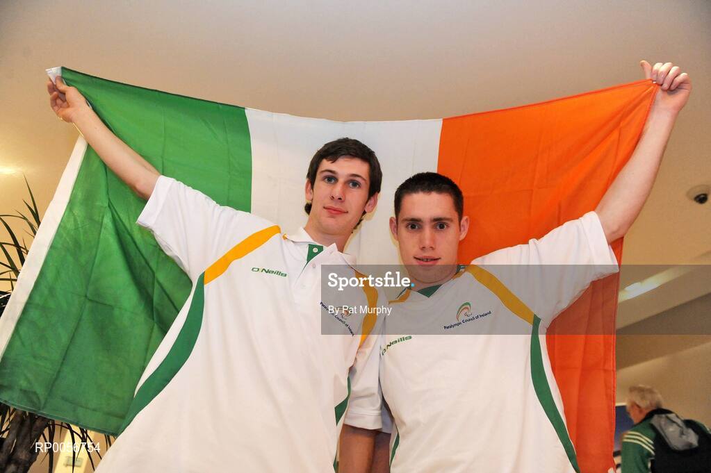 23 August 2008; Michael McKillop, Antrim, 800m record holder, with Jason Smyth, Co. Derry, 100m and 200m athlete, at the farewell reception in the Clarion Hotel, Dublin Airport for the Irish Paralympic team before the 2008 Beijing Paralympic Games. The 45 strong Irish team across nine sports departs for Beijing this morning bound for their pre-Games holding camp in the capital. They will move from the camp to the village on September 1st before the 13th Paralympic Games get underway with the opening ceremony in the famous Bird’s Nest Stadium on September 6th. The Paralympic Games are Olympic style sports events for elite athletes with physical disabilities, or visual impairment. Approximately 4000 athletes, from over 153 countries across twenty sports will compete at the Beijing Games. Clarion Hotel, Dublin Airport. Picture credit: Pat Murphy / SPORTSFILE