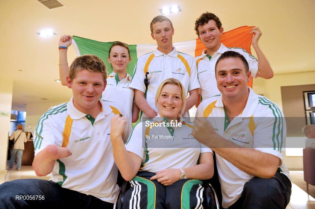23 August 2008; Members of the swimming team, clockwise from back left, Ellen Keane, Dublin, Stephen Campbell, Tyrone, Darragh McDonald, Wexford, Dave Malone, Dublin, Hannah Clarke, Antrim, and Johnny Cummings, Tyrone, at the farewell reception in the Clarion Hotel, Dublin Airport for the Irish Paralympic team before the 2008 Beijing Paralympic Games. The 45 strong Irish team across nine sports departs for Beijing this morning bound for their pre-Games holding camp in the capital. They will move from the camp to the village on September 1st before the 13th Paralympic Games get underway with the opening ceremony in the famous Bird’s Nest Stadium on September 6th. The Paralympic Games are Olympic style sports events for elite athletes with physical disabilities, or visual impairment. Approximately 4000 athletes, from over 153 countries across twenty sports will compete at the Beijing Games. Clarion Hotel, Dublin Airport. Picture credit: Pat Murphy / SPORTSFILE