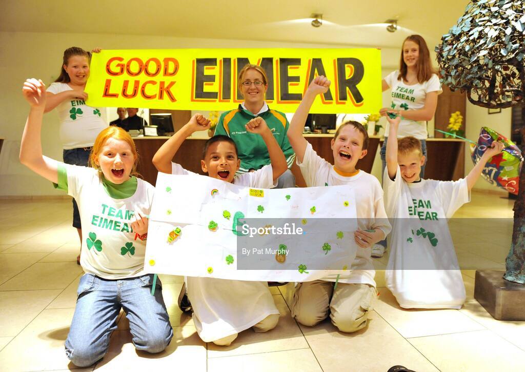 23 August 2008; Eimear Breathnac, table tennis, from Ballinteer, Dublin, with her army of fans at the farewell reception in the Clarion Hotel, Dublin Airport for the Irish Paralympic team before the 2008 Beijing Paralympic Games. The 45 strong Irish team across nine sports departs for Beijing this morning bound for their pre-Games holding camp in the capital. They will move from the camp to the village on September 1st before the 13th Paralympic Games get underway with the opening ceremony in the famous Bird’s Nest Stadium on September 6th. The Paralympic Games are Olympic style sports events for elite athletes with physical disabilities, or visual impairment. Approximately 4000 athletes, from over 153 countries across twenty sports will compete at the Beijing Games. Clarion Hotel, Dublin Airport. Picture credit: Pat Murphy / SPORTSFILE