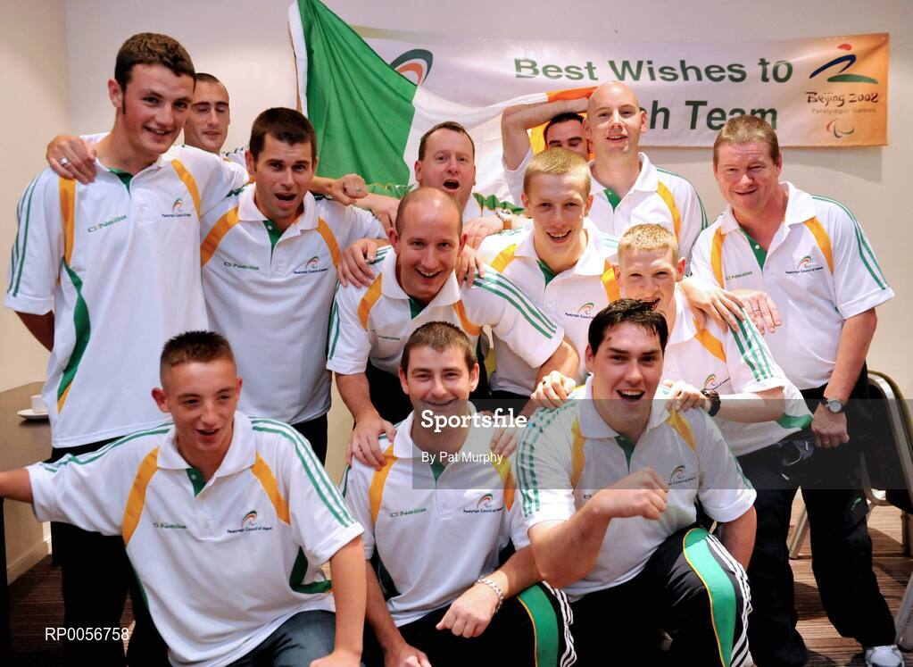 23 August 2008; The Irish soccer team at the farewell reception in the Clarion Hotel, Dublin Airport for the Irish Paralympic team before the 2008 Beijing Paralympic Games. The 45 strong Irish team across nine sports departs for Beijing this morning bound for their pre-Games holding camp in the capital. They will move from the camp to the village on September 1st before the 13th Paralympic Games get underway with the opening ceremony in the famous Bird’s Nest Stadium on September 6th. The Paralympic Games are Olympic style sports events for elite athletes with physical disabilities, or visual impairment. Approximately 4000 athletes, from over 153 countries across twenty sports will compete at the Beijing Games. Clarion Hotel, Dublin Airport. Picture credit: Pat Murphy / SPORTSFILE