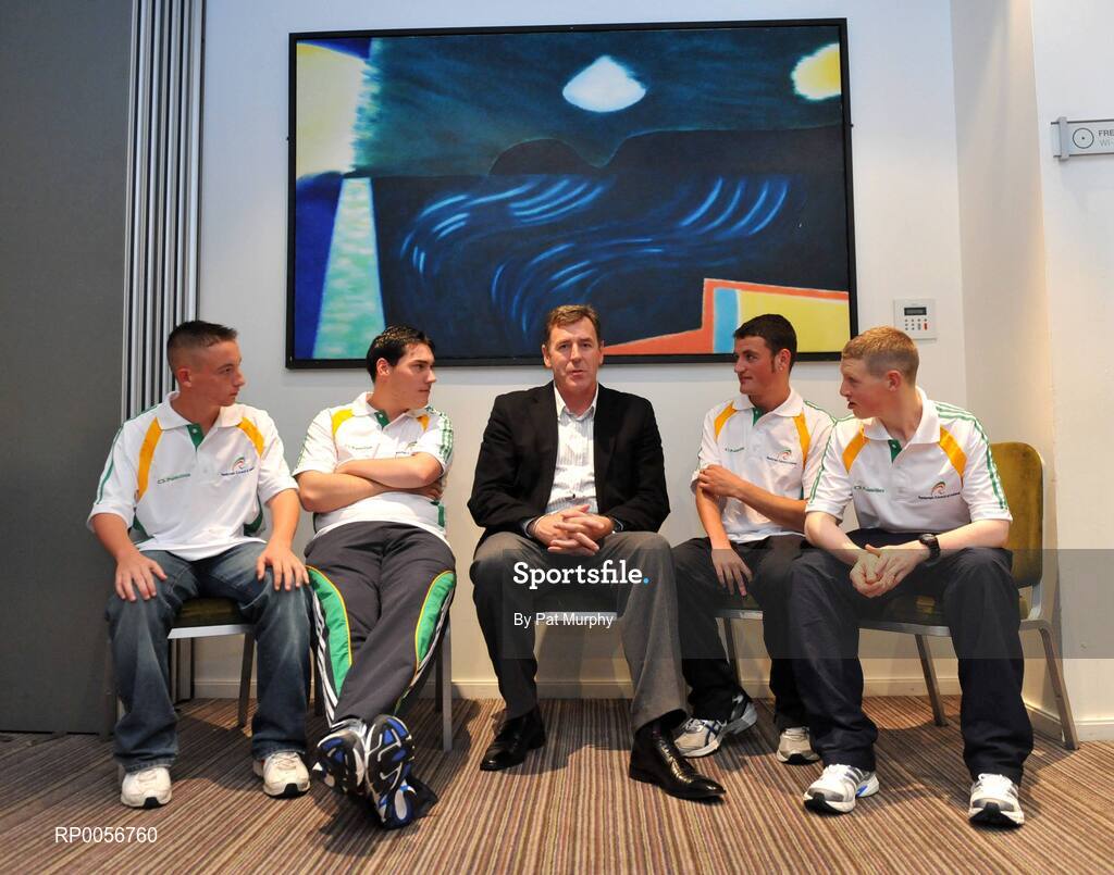 23 August 2008; Members of the Irish paralympic soccer team, from left, Mark Jones, Antrim, Darren Kavanagh, Dublin, Gary Messitt, Wicklow, and Brian McGillvary, Dublin, with FAI Technical Director Packie Bonner at the farewell reception in the Clarion Hotel, Dublin Airport for the Irish Paralympic team before the 2008 Beijing Paralympic Games. The 45 strong Irish team across nine sports departs for Beijing this morning bound for their pre-Games holding camp in the capital. They will move from the camp to the village on September 1st before the 13th Paralympic Games get underway with the opening ceremony in the famous Bird’s Nest Stadium on September 6th. The Paralympic Games are Olympic style sports events for elite athletes with physical disabilities, or visual impairment. Approximately 4000 athletes, from over 153 countries across twenty sports will compete at the Beijing Games. Clarion Hotel, Dublin Airport. Picture credit: Pat Murphy / SPORTSFILE