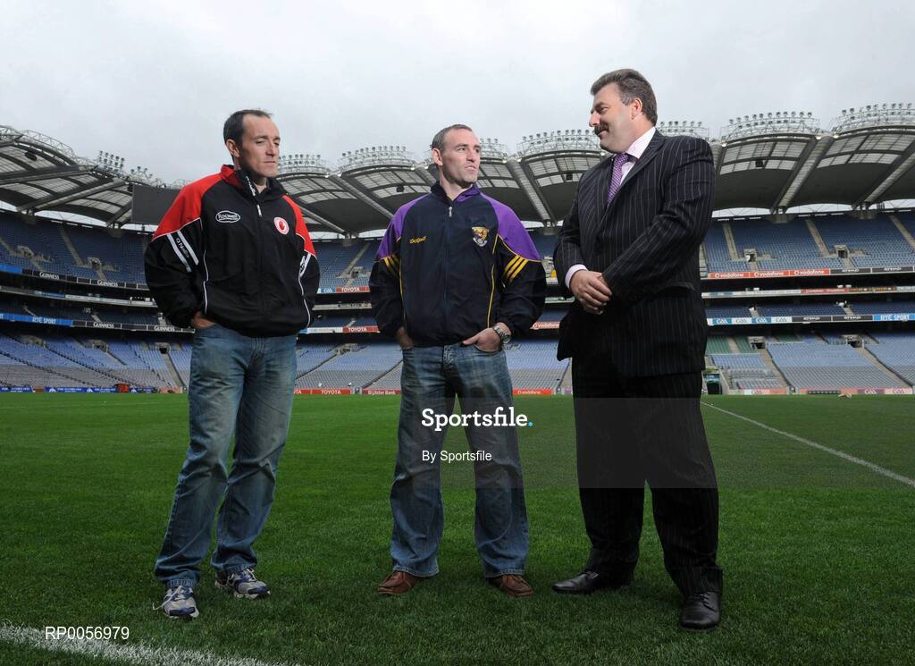25 August 2008; Wexford's Colm Morris, and Tyrone's Brian Dooher, left, with Sean Healy, managing Director of Sales and Business banking Ulster Bank, at a photocall ahead of the GAA Football All-Ireland Senior Championship Semi-Final. Croke Park, Dublin. Photo by Sportsfile