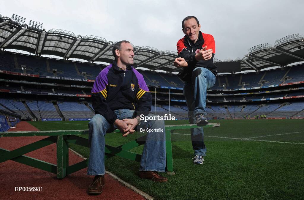 25 August 2008; Wexford's Colm Morris, left, and Tyrone's Brian Dooher at a photocall ahead of the GAA Football All-Ireland Senior Championship Semi-Final. Croke Park, Dublin. Photo by Sportsfile