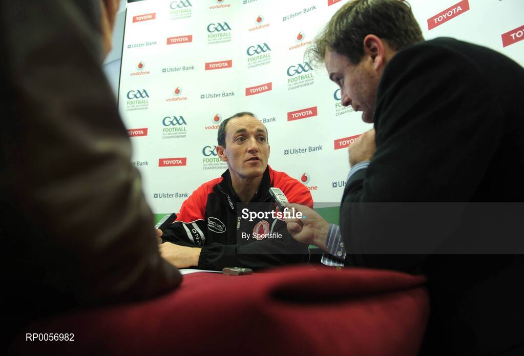 25 August 2008; Tyrone's Brian Dooher speaking to journalists at a press conference ahead of the GAA Football All-Ireland Senior Championship Semi-Final. Croke Park, Dublin. Photo by Sportsfile