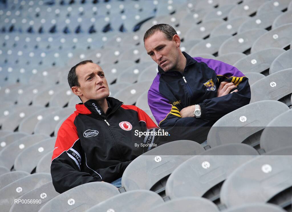 25 August 2008; Wexford's Colm Morris, right, and Tyrone's Brian Dooher at a photocall ahead of the GAA Football All-Ireland Senior Championship Semi-Final. Croke Park, Dublin. Photo by Sportsfile