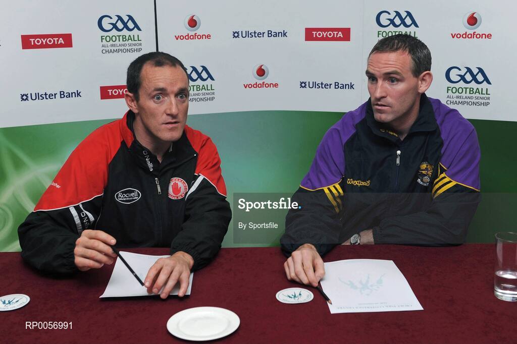 25 August 2008; Wexford's Colm Morris, right, and Tyrone's Brian Dooher at a press conference ahead of the GAA Football All-Ireland Senior Championship Semi-Final. Croke Park, Dublin. Photo by Sportsfile