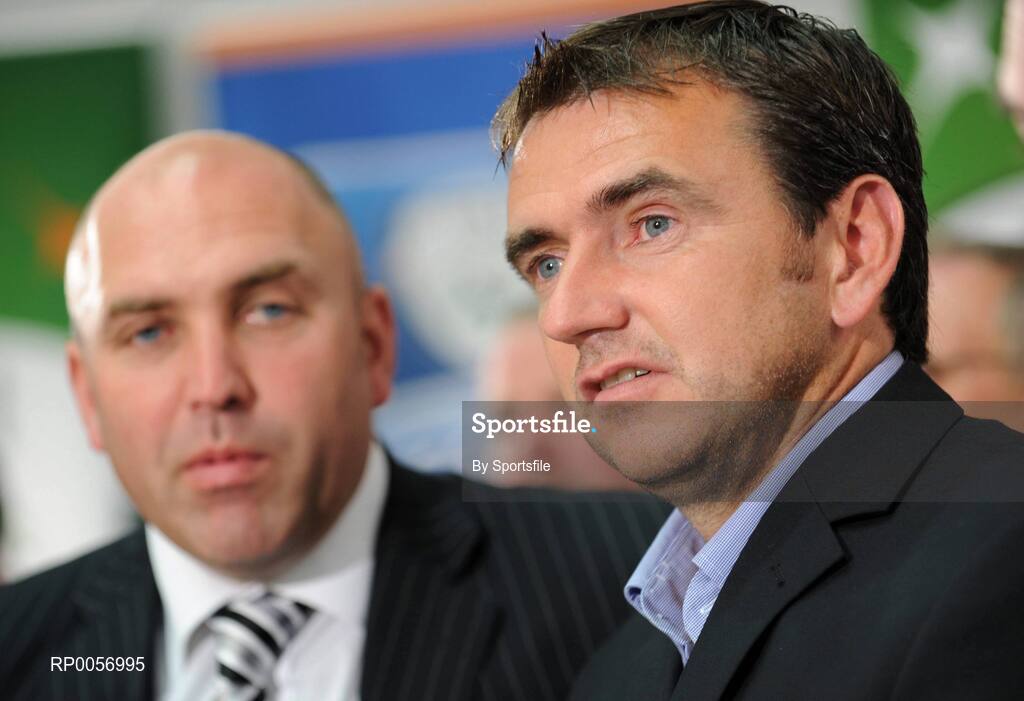 25 August 2008; St. Patricks Athletic manager Johnny McDonnell, left and Bohemians manager Pat Fenlon at the 2008 FAI Ford Cup Quarter Final Draw. FAI Headquarters, Abbottstown, Dublin. Photo by Sportsfile  *** Local Caption ***