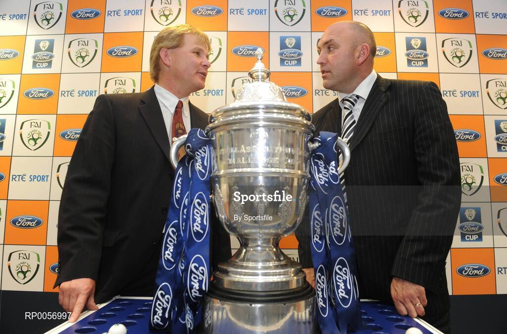 25 August 2008; Sporting Fingal manager Liam Buckley, left, with St. Patricks Athletic manager Johnny McDonnell at the 2008 FAI Ford Cup Quarter Final Draw. FAI Headquarters, Abbottstown, Dublin. Photo by Sportsfile  *** Local Caption ***