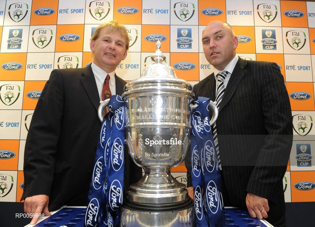 25 August 2008; Sporting Fingal manager Liam Buckley, left, with St. Patricks Athletic manager Johnny McDonnell at the 2008 FAI Ford Cup Quarter Final Draw. FAI Headquarters, Abbottstown, Dublin. Photo by Sportsfile  *** Local Caption ***