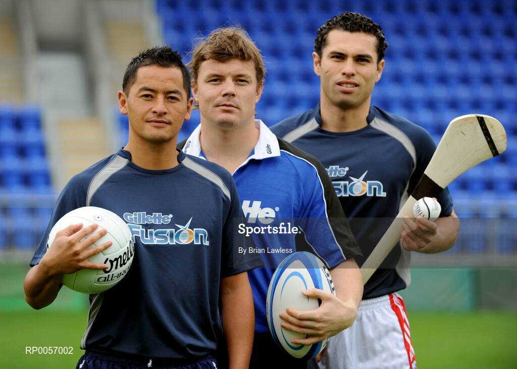 26 August 2008; Irish sporting stars Jason Sherlock, left, Brian O'Driscoll, and Sean Og O hAilpin, right, are pictured at the launch of the Gillette Fusion Coaching Academy in Donnybrook, Dublin. Gillette are offering lucky sports fans from around the country the chance to win a training session of a lifetime with either Brian, Jason or Seán Óg. The Gillette Fusion Coaching Clinics will take place in Dublin in September and October. For your chance to win a place log on to www.gillettechampions.ie. Whether your sport is rugby, Gaelic football or hurling yourself and four friends have a chance to win an exclusive training session along with plenty of Gillette goodies. Ireland rugby captain, Brian O’Driscoll or GAA All-Ireland winners Seán Óg or Jason will be your coach for the day with top tips on all aspects of the game from technical skills to fitness routines. Picture credit: Brian Lawless / SPORTSFILE