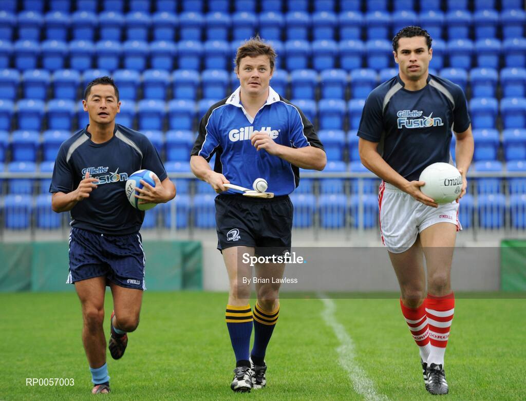 26 August 2008; Irish sporting stars Jason Sherlock, left, Brian O'Driscoll, and Sean Og O hAilpin, right, are pictured at the launch of the Gillette Fusion Coaching Academy in Donnybrook, Dublin. Gillette are offering lucky sports fans from around the country the chance to win a training session of a lifetime with either Brian, Jason or Seán Óg. The Gillette Fusion Coaching Clinics will take place in Dublin in September and October. For your chance to win a place log on to www.gillettechampions.ie. Whether your sport is rugby, Gaelic football or hurling yourself and four friends have a chance to win an exclusive training session along with plenty of Gillette goodies. Ireland rugby captain, Brian O’Driscoll or GAA All-Ireland winners Seán Óg or Jason will be your coach for the day with top tips on all aspects of the game from technical skills to fitness routines. Picture credit: Brian Lawless / SPORTSFILE