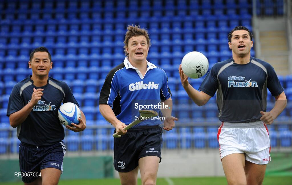 26 August 2008; Irish sporting stars Jason Sherlock, left, Brian O'Driscoll, and Sean Og O hAilpin, right, are pictured at the launch of the Gillette Fusion Coaching Academy in Donnybrook, Dublin. Gillette are offering lucky sports fans from around the country the chance to win a training session of a lifetime with either Brian, Jason or Seán Óg. The Gillette Fusion Coaching Clinics will take place in Dublin in September and October. For your chance to win a place log on to www.gillettechampions.ie. Whether your sport is rugby, Gaelic football or hurling yourself and four friends have a chance to win an exclusive training session along with plenty of Gillette goodies. Ireland rugby captain, Brian O’Driscoll or GAA All-Ireland winners Seán Óg or Jason will be your coach for the day with top tips on all aspects of the game from technical skills to fitness routines. Picture credit: Brian Lawless / SPORTSFILE