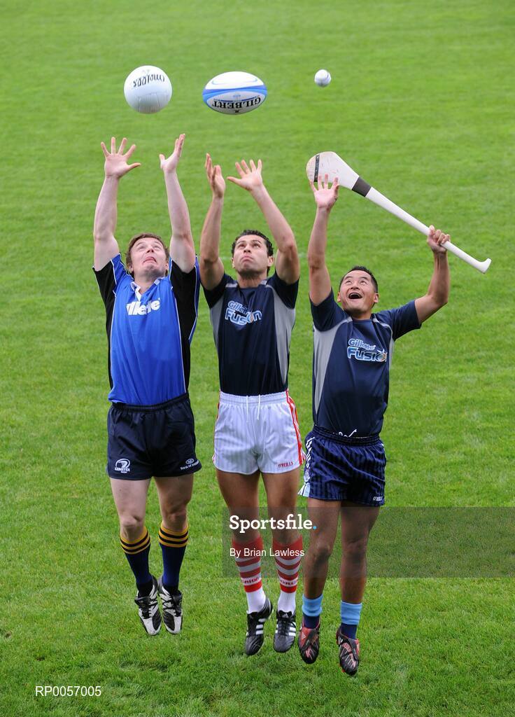 26 August 2008; Irish sporting stars Brian O'Driscoll, left, Sean Og O hAilpin, centre, and Jason Sherlock are pictured at the launch of the Gillette Fusion Coaching Academy in Donnybrook, Dublin. Gillette are offering lucky sports fans from around the country the chance to win a training session of a lifetime with either Brian, Jason or Seán Óg. The Gillette Fusion Coaching Clinics will take place in Dublin in September and October. For your chance to win a place log on to www.gillettechampions.ie. Whether your sport is rugby, Gaelic football or hurling yourself and four friends have a chance to win an exclusive training session along with plenty of Gillette goodies. Ireland rugby captain, Brian O’Driscoll or GAA All-Ireland winners Seán Óg or Jason will be your coach for the day with top tips on all aspects of the game from technical skills to fitness routines. Picture credit: Brian Lawless / SPORTSFILE