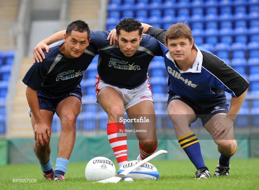 26 August 2008; Irish sporting stars Jason Sherlock, left, Sean Og O hAilpin, and Brian O'Driscoll, right, are pictured at the launch of the Gillette Fusion Coaching Academy in Donnybrook, Dublin. Gillette are offering lucky sports fans from around the country the chance to win a training session of a lifetime with either Brian, Jason or Seán Óg. The Gillette Fusion Coaching Clinics will take place in Dublin in September and October. For your chance to win a place log on to www.gillettechampions.ie. Whether your sport is rugby, Gaelic football or hurling yourself and four friends have a chance to win an exclusive training session along with plenty of Gillette goodies. Ireland rugby captain, Brian O’Driscoll or GAA All-Ireland winners Seán Óg or Jason will be your coach for the day with top tips on all aspects of the game from technical skills to fitness routines. Picture credit: Brian Lawless / SPORTSFILE
