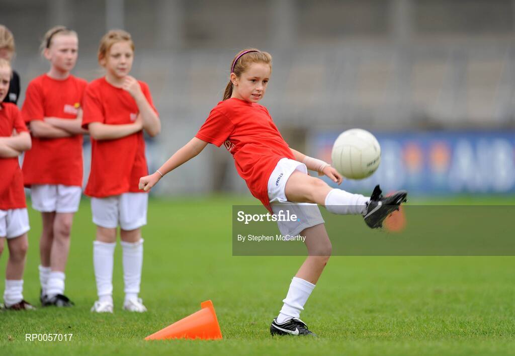 26 August 2008; Now in its sixth year, the Dublin Docklands Festival of Hurling and Gaelic Football helps young people from the Docklands develop their hurling and football skills. Today they had the experience of learning hurling and football skills from their sporting heroes Niall Quinn, Nicky English and Paul Casey during this year’s Docklands Festival of Hurling and Gaelic Football at Parnell Park. Pictured taking part is Paige McGovern, age 9. Parnell Park, Dublin. Picture credit: Stephen McCarthy / SPORTSFILE