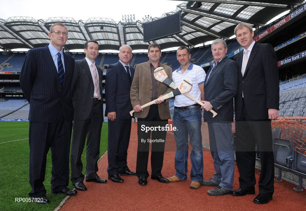 26 August 2008; The 2008 Meteor Kilmacud Crokes All-Ireland Hurling Sevens, now in its 35th year, will see over 40 of Irelands top club teams compete in this one day epic hurling tournament. The event will take place on Saturday 6th September with the finals taking place in Kilmacud Crokes GAA Club, Glenalbyn, Stillorgan, Co. Dublin. At the launch of the 2008 Meteor Kilmacud Crokes All-Ireland Hurling Sevens were, from left, Tom Tock, Kilmacud Crokes, Cork's Donal Og Cusack, Conor Carmody, Marketing Director of Meteor, Offaly's Michael Duignan, Waterford team selector Peter Queally, Kilkenny's Richie Power and Tom Barry, chairman Kilmacud Crokes. Croke Park, Dublin. Photo by Sportsfile
