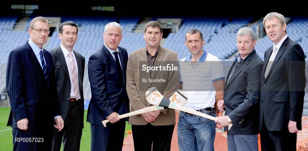 26 August 2008; The 2008 Meteor Kilmacud Crokes All-Ireland Hurling Sevens, now in its 35th year, will see over 40 of Irelands top club teams compete in this one day epic hurling tournament. The event will take place on Saturday 6th September with the finals taking place in Kilmacud Crokes GAA Club, Glenalbyn, Stillorgan, Co. Dublin. At the launch of the 2008 Meteor Kilmacud Crokes All-Ireland Hurling Sevens were, from left, Tom Tock, Kilmacud Crokes, Cork's Donal Og Cusack, Conor Carmody, Marketing Director of Meteor, Offaly's Michael Duignan, Waterford team selector Peter Queally, Kilkenny's Richie Power and Tom Barry, chairman Kilmacud Crokes. Croke Park, Dublin. Photo by Sportsfile