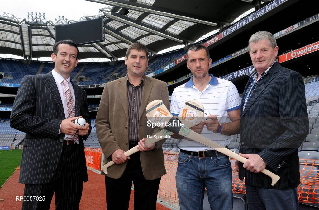26 August 2008; The 2008 Meteor Kilmacud Crokes All-Ireland Hurling Sevens, now in its 35th year, will see over 40 of Irelands top club teams compete in this one day epic hurling tournament. The event will take place on Saturday 6th September with the finals taking place in Kilmacud Crokes GAA Club, Glenalbyn, Stillorgan, Co. Dublin. At the launch of the 2008 Meteor Kilmacud Crokes All-Ireland Hurling Sevens were, from left, Cork's Donal Og Cusack, Offaly's Michael Duignan, Waterford team selector Peter Queally and Kilkenny's Richie Power. Croke Park, Dublin. Photo by Sportsfile