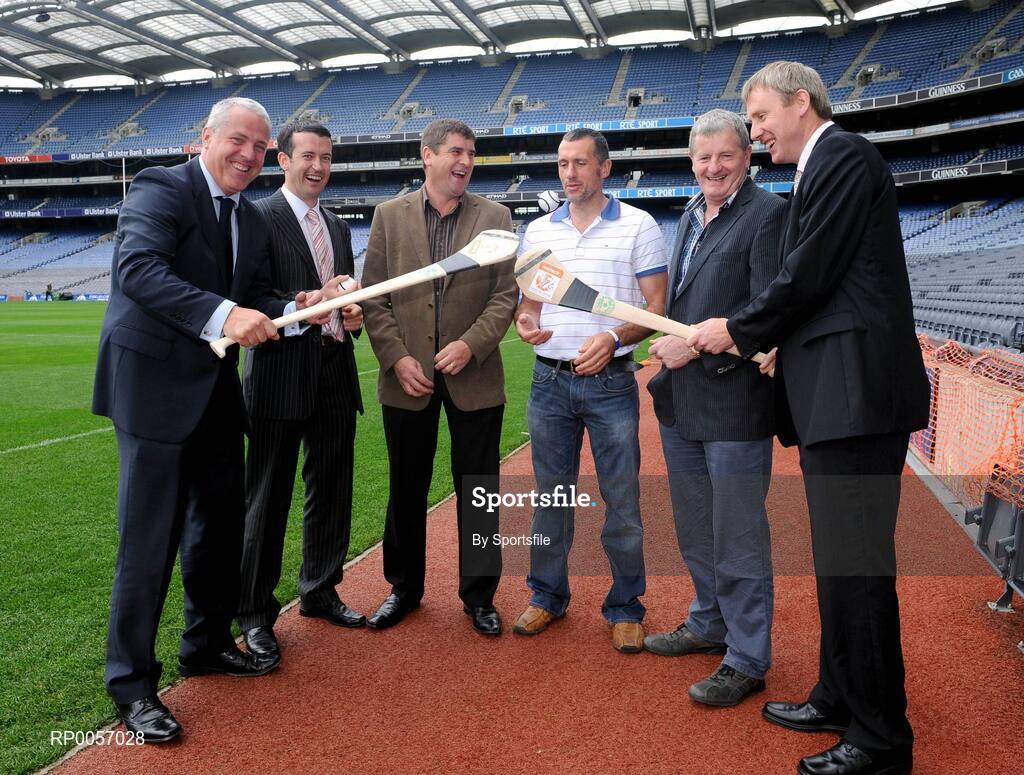 26 August 2008; The 2008 Meteor Kilmacud Crokes All-Ireland Hurling Sevens, now in its 35th year, will see over 40 of Irelands top club teams compete in this one day epic hurling tournament. The event will take place on Saturday 6th September with the finals taking place in Kilmacud Crokes GAA Club, Glenalbyn, Stillorgan, Co. Dublin. At the launch of the 2008 Meteor Kilmacud Crokes All-Ireland Hurling Sevens were, from left, Conor Carmody, Marketing Director of Meteor, Cork's Donal Og Cusack, Offaly's Michael Duignan, Waterford team selector Peter Queally, Kilkenny's Richie Power and Tom Barry, chairman Kilmacud Crokes. Croke Park, Dublin. Photo by Sportsfile