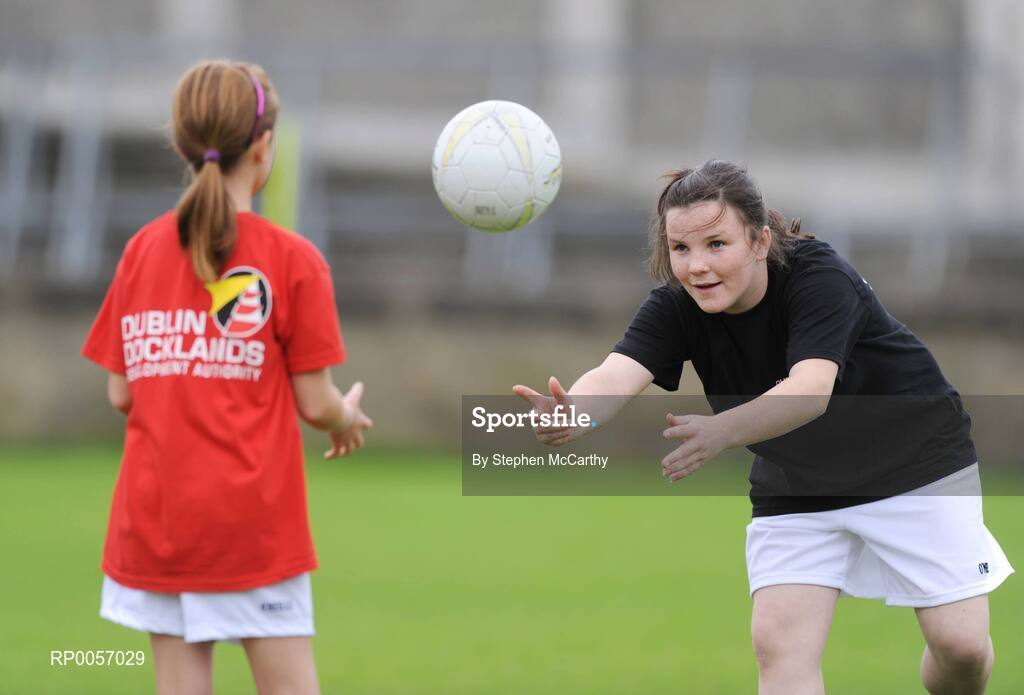 26 August 2008; Now in its sixth year, the Dublin Docklands Festival of Hurling and Gaelic Football helps young people from the Docklands develop their hurling and football skills. Today they had the experience of learning hurling and football skills from their sporting heroes Niall Quinn, Nicky English and Paul Casey during this year’s Docklands Festival of Hurling and Gaelic Football at Parnell Park. Pictured taking part is Paige McGovern, age 9, left, and Chelsea Spain, age 15. Parnell Park, Dublin. Picture credit: Stephen McCarthy / SPORTSFILE
