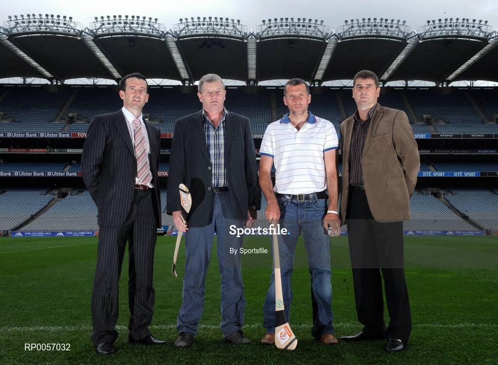 26 August 2008; The 2008 Meteor Kilmacud Crokes All-Ireland Hurling Sevens, now in its 35th year, will see over 40 of Irelands top club teams compete in this one day epic hurling tournament. The event will take place on Saturday 6th September with the finals taking place in Kilmacud Crokes GAA Club, Glenalbyn, Stillorgan, Co. Dublin. At the launch of the 2008 Meteor Kilmacud Crokes All-Ireland Hurling Sevens were, from left, Cork's Donal Og Cusack, Kilkenny's Richie Power, Waterford team selector Peter Queally and Offaly's Michael Duignan. Croke Park, Dublin. Photo by Sportsfile