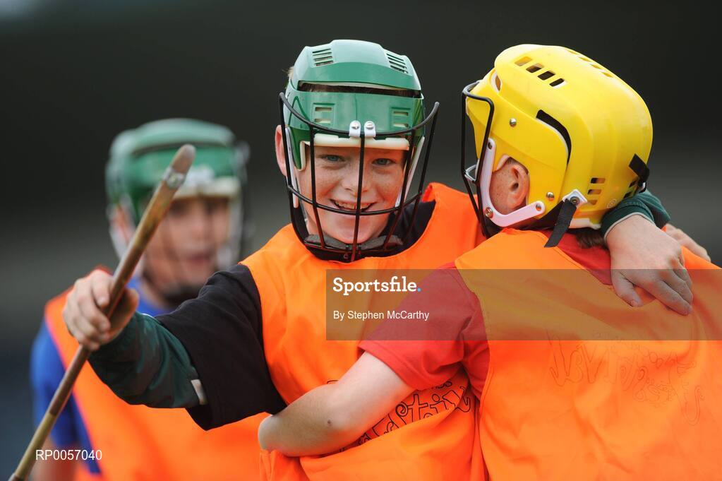 26 August 2008; Now in its sixth year, the Dublin Docklands Festival of Hurling and Gaelic Football helps young people from the Docklands develop their hurling and football skills. Today they had the experience of learning hurling and football skills from their sporting heroes Niall Quinn, Nicky English and Paul Casey during this year’s Docklands Festival of Hurling and Gaelic Football at Parnell Park. Pictured celebrating a score is Philip Murphy, age 13, from Ringsend, left, and Jordan Store, age 10, from Ringsend. Parnell Park, Dublin. Picture credit: Stephen McCarthy / SPORTSFILE
