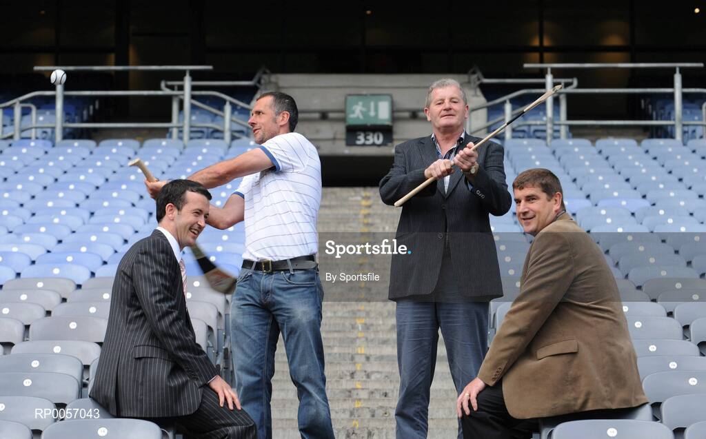 26 August 2008; The 2008 Meteor Kilmacud Crokes All-Ireland Hurling Sevens, now in its 35th year, will see over 40 of Irelands top club teams compete in this one day epic hurling tournament. The event will take place on Saturday 6th September with the finals taking place in Kilmacud Crokes GAA Club, Glenalbyn, Stillorgan, Co. Dublin. At the launch of the 2008 Meteor Kilmacud Crokes All-Ireland Hurling Sevens were, from left, Cork's Donal Og Cusack, Waterford team selector Peter Queally, Kilkenny's Richie Power and Offaly's Michael Duignan. Croke Park, Dublin. Photo by Sportsfile