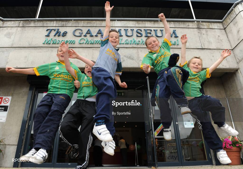 26 August 2008; The GAA museum celebrates its 10th birthday this month with a full calendar of events to mark the occasion. Today is the official birthday celebration and visitors young and old attended Croke Park for a day of activities. Pictured is Meath fans, from left, Jamie Carry, aged 10, Conor Lynch, aged 9, Eamonn Magee, aged 11, Kieran Needle, aged 10 and Sean Magee, aged 8, from Kells, Co. Meath at the GAA Museum 10 Year Anniversary Day. GAA Museum, Croke Park, Dublin. Photo by Sportsfile