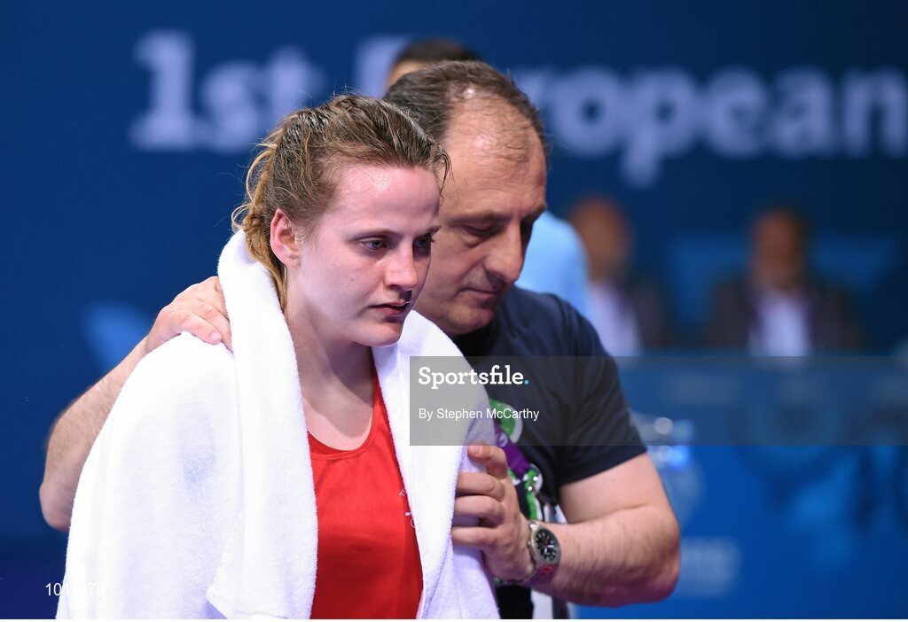 20 June 2015; Michaela Walsh, Ireland, accompanied by coach Zaur Antia following her Women's Boxing Bantam 54kg Round of 16 bout with Elena Saveleva, Russia. 2015 European Games, Crystal Hall, Baku, Azerbaijan. Picture credit: Stephen McCarthy / SPORTSFILE