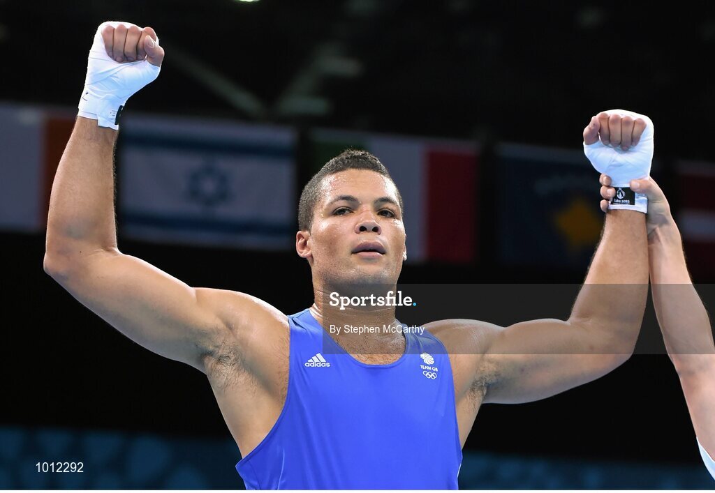 20 June 2015; Joe Joyce, Great Britain, celebrates defeating Alexei Zavatin, Moldova, following their Men's Boxing Super Heavy +91kg Round of 16 bout. 2015 European Games, Crystal Hall, Baku, Azerbaijan. Picture credit: Stephen McCarthy / SPORTSFILE
