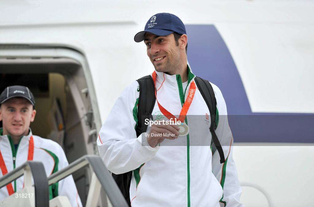 26 August 2008; The Irish Olympic Team, including silver medallist Kenny Egan and bronze medallist Paddy Barnes, left, arrive at Dublin Airport, Dublin. Picture credit: David Maher / SPORTSFILE