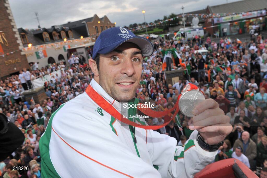 26 August 2008; Olympic silver medallist Kenny Egan is greeted by supporters upon his arrival at Clondalkin, Co. Dublin. Picture credit: David Maher / SPORTSFILE