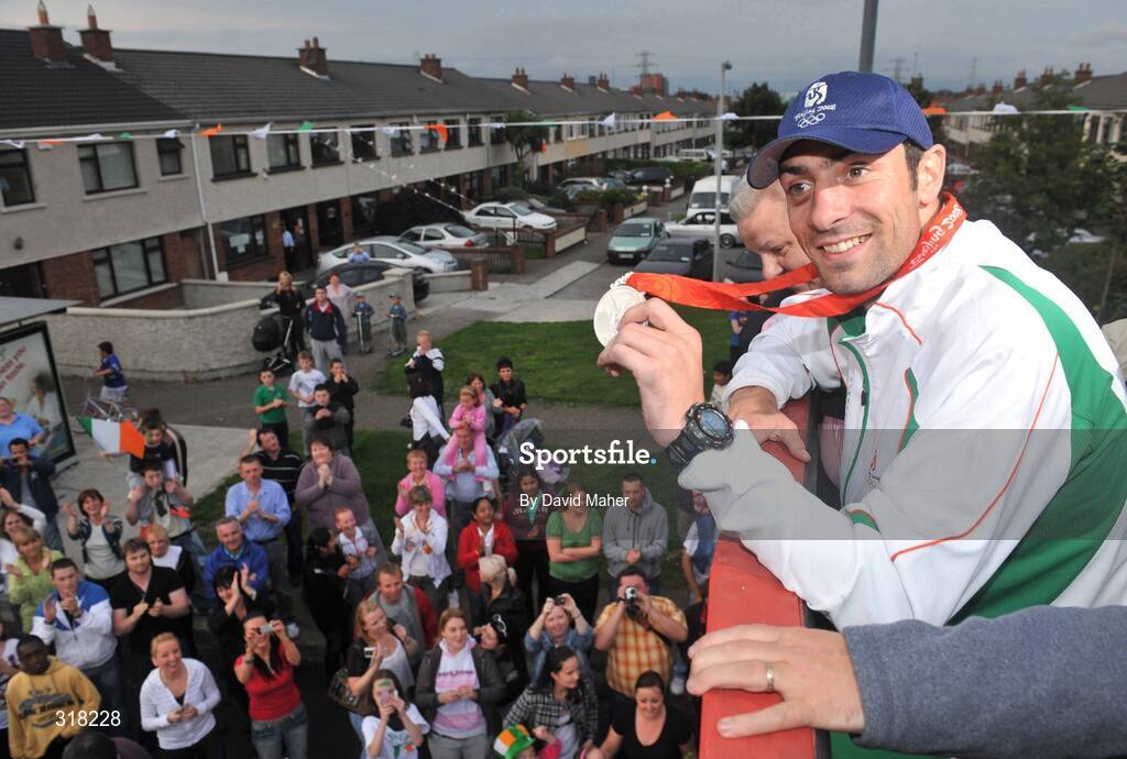 26 August 2008; Olympic silver medallist Kenny Egan is greeted by supporters upon his arrival at Clondalkin, Co. Dublin. Picture credit: David Maher / SPORTSFILE