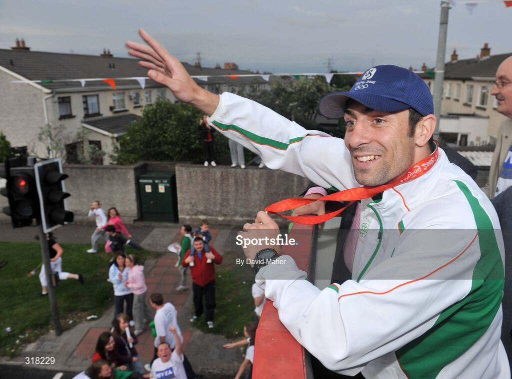 26 August 2008; Olympic silver medallist Kenny Egan is greeted by supporters upon his arrival at Clondalkin, Co. Dublin. Picture credit: David Maher / SPORTSFILE