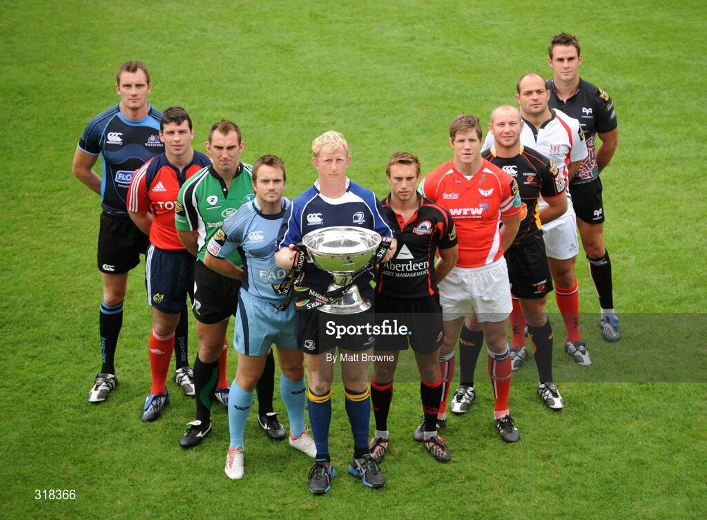 27 August 2008; Leinster captain Leo Cullen with from left Rhys Williams, Cardiff Blues, John Muldoon, Connacht, Denis Leamy, Munster, Alistair Kellock, Glasgow and from right Mike Blair, Edinburgh, Simon Easterby, Llanelli, Tom Willis, Newport Gwent Dragons, Rory Best, Ulster and Lee Byrne, Ospreys at the launch of the 2008/09 Magners Season. RDS, Ballsbridge, Dublin. Picture credit: Matt Browne / SPORTSFILE