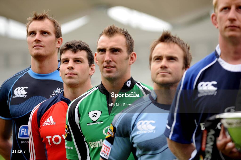 27 August 2008; Denis Leamy, Munster, second from left, with Alistair Kellock, Glasgow, left, and from left to right John Muldoon, Connacht, Rhys Williams, Cardiff Blues, and Leinster captain Leo Cullen at the launch of the 2008/09 Magners Season. RDS, Ballsbridge, Dublin. Picture credit: Matt Browne / SPORTSFILEE