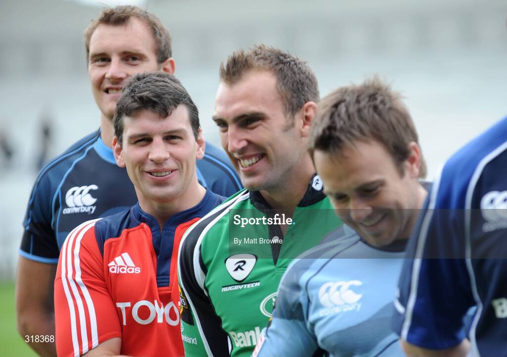 27 August 2008; Denis Leamy, Munster, second from left, with Alistair Kellock, Glasgow, left, John Muldoon, Connacht and Rhys Williams, Cardiff Blues, right at the launch of the 2008/09 Magners Season. RDS, Ballsbridge, Dublin. Picture credit: Matt Browne / SPORTSFILEE