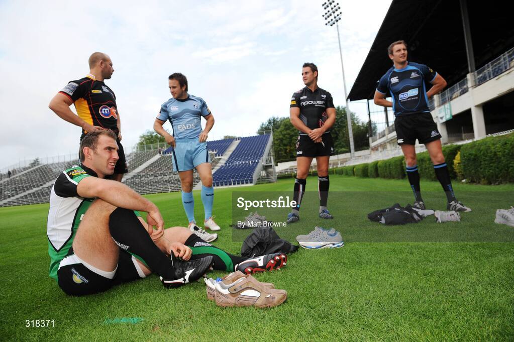 27 August 2008; John Muldoon, Connacht, with from left Tom Willis, Newport Gwent Dragons, Rhys Williams, Cardiff Blues, Lee Byrne, Ospreys and Alistair Kellock, Glasgow at the launch of the 2008/09 Magners Season. RDS, Ballsbridge, Dublin. Picture credit: Matt Browne / SPORTSFILEE