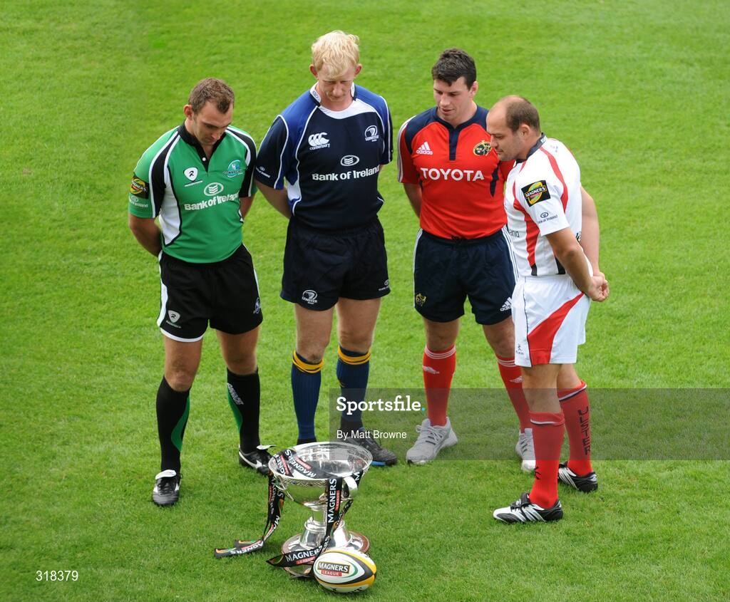 27 August 2008; Leo Cullen, Leinster, second from left with John Muldoon, Connacht, left, Denis Leamy, Munster and Rory Best, Ulster, right at the launch of the 2008/09 Magners Season. RDS, Ballsbridge, Dublin. Picture credit: Matt Browne / SPORTSFILE