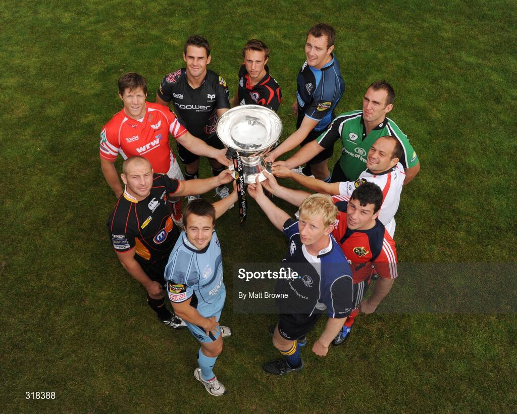 27 August 2008; Leinster captain Leo Cullen, front right, with from clockwise Rhys Williams, Cardiff Blues, Tom Willis, Newport Gwent Dragons, Simon Easterby, Llanelli, Lee Byrne, Ospreys, Mike Blair, Edinburgh, Alistair Kellock, Glasgow, John Muldoon, Connacht, Rory Best, Ulster and Denis Leamy, Munster at the launch of the 2008/09 Magners Season. RDS, Ballsbridge, Dublin. Picture credit: Matt Browne / SPORTSFILE