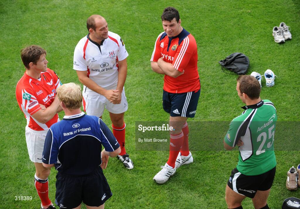 27 August 2008; Denis Leamy, Munster, John Muldoon, Connacht, right, Leo Cullen Leinster, second from left, Simon Easterby, Llanelli, left and Rory Best, Ulster at the launch of the 2008/09 Magners Season. RDS, Ballsbridge, Dublin. Picture credit: Matt Browne / SPORTSFILE